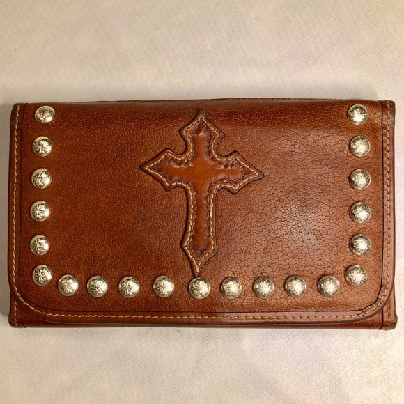 Handbags - WESTERN LEATHER WALLET CROSS BROWN HAND STITCHED SILVER STUDS COWGIRL BOY UNISEX